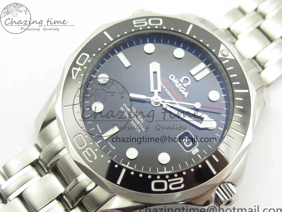 0227 HighQuality Seamaster 300M Chronometer SS Black OMF 1:1 Best Edition on SS Bracelet A2824 (Black Balance Wheel) V 7954